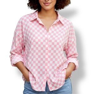 Cute pink + white checker print button-up shirt